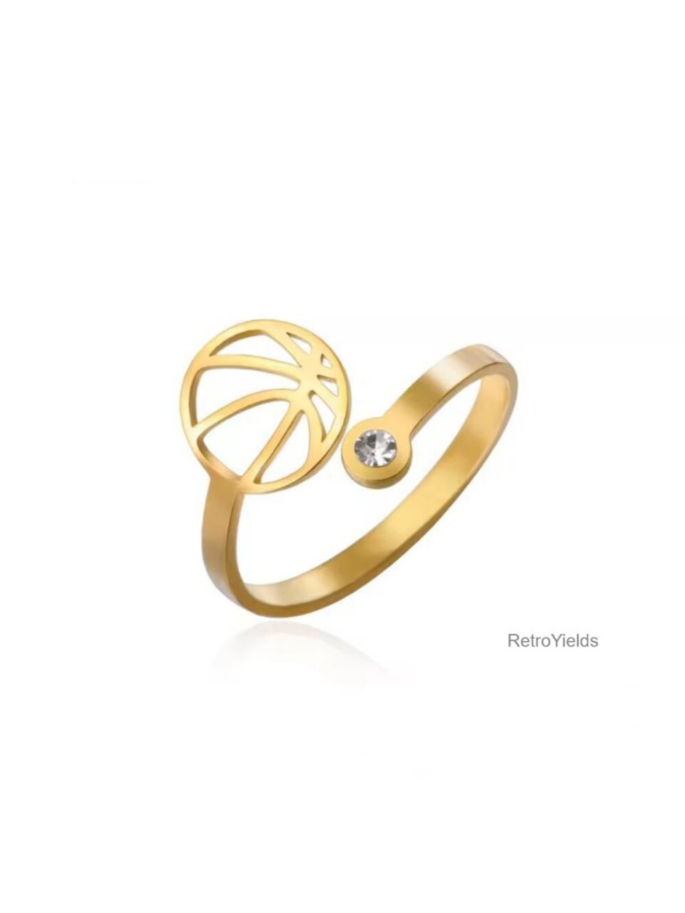 Stainless Steel CZ Basketball Open Wrap Statement Ring Adjustable Band